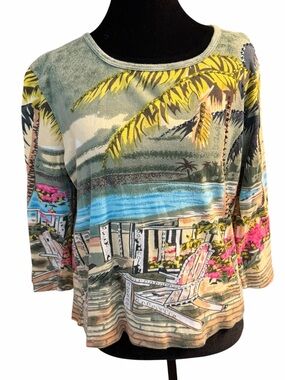 Vintage Take Two Tropical Beach Beaded Top XL 100% Cotton